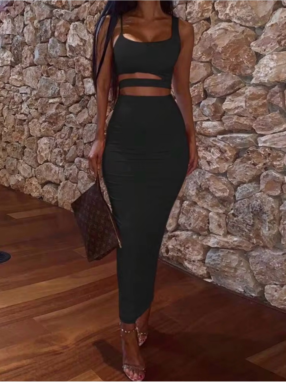 Black Neck Spaghetti Strap Cutout Crop Top + High Waist Bodycon Midi Skirt Large